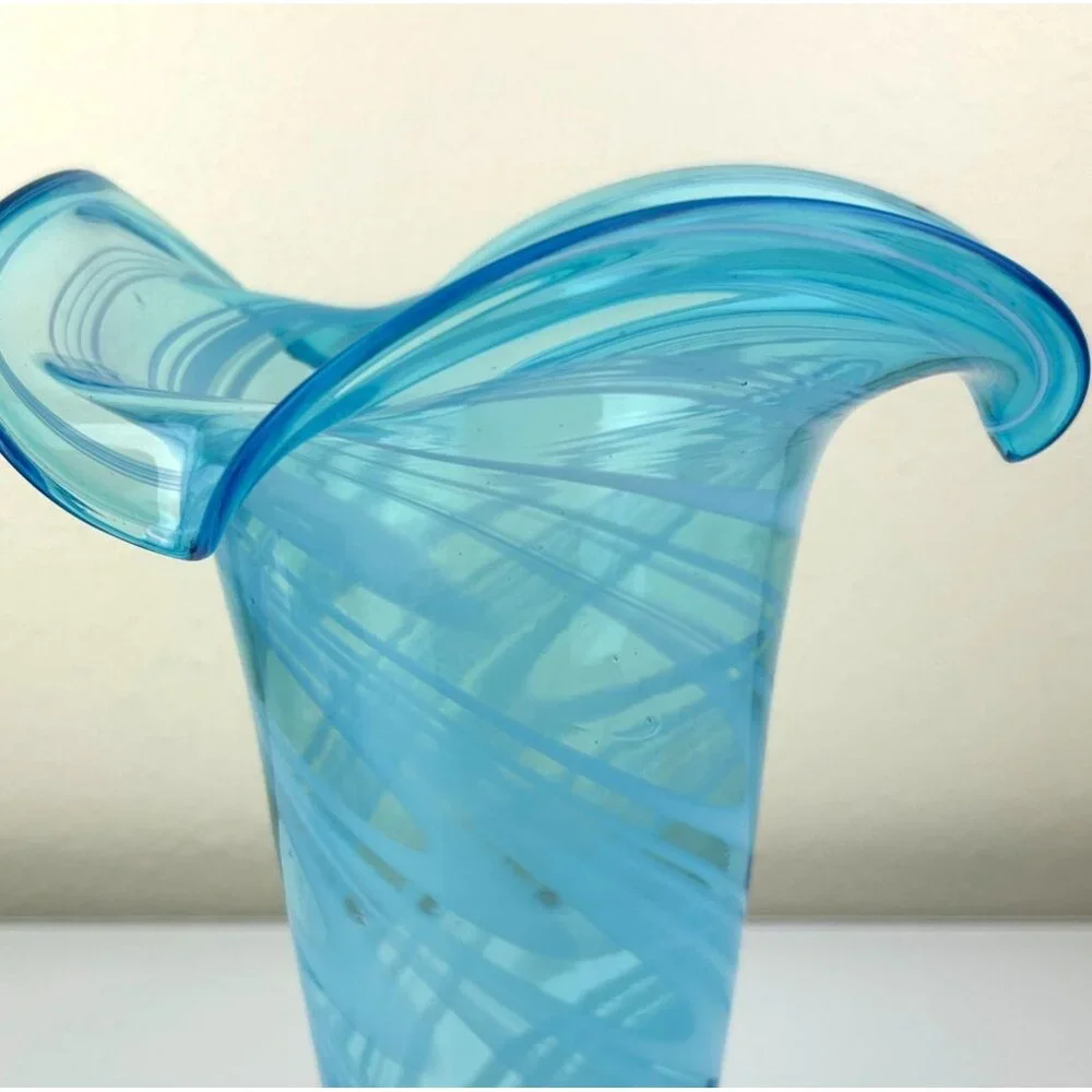 Blown Glass Art Fluted Aqua Blue & White Swirled Vase Home Decor 11.25